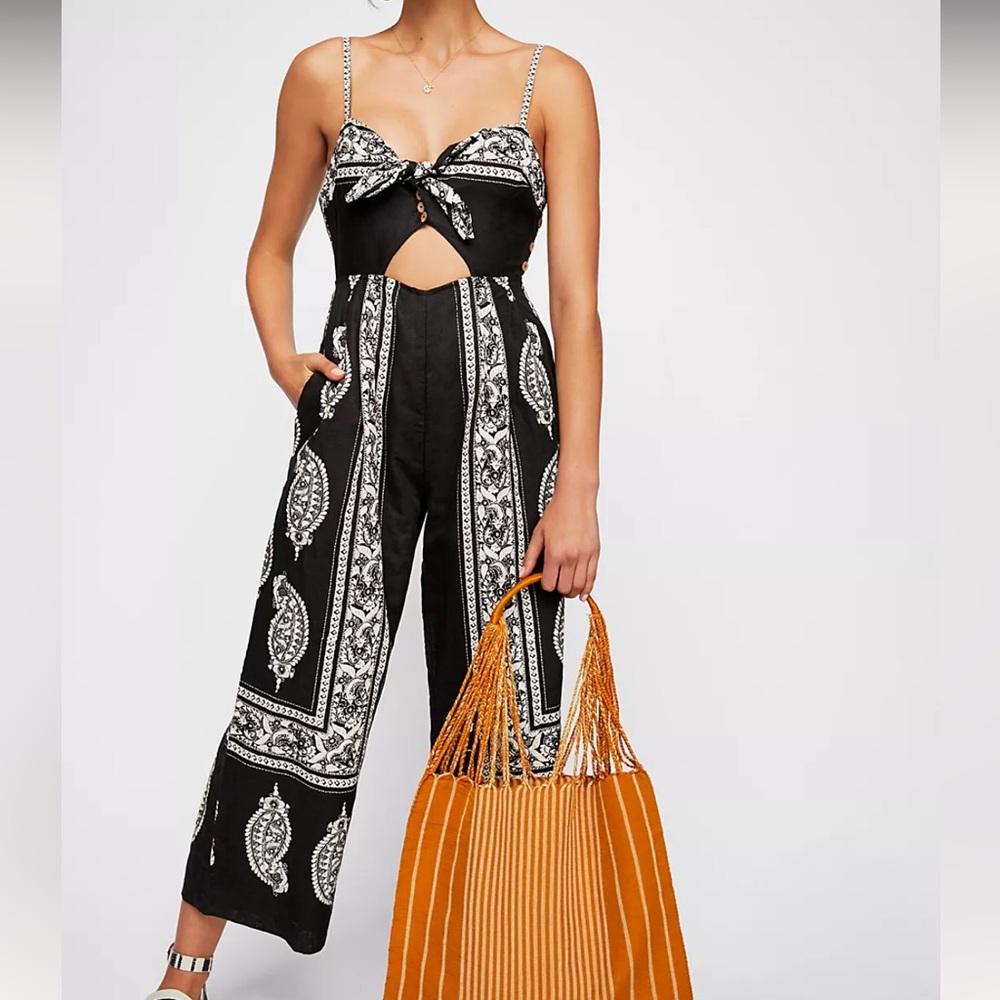 Free People Black and White Patterned Jumpsuit